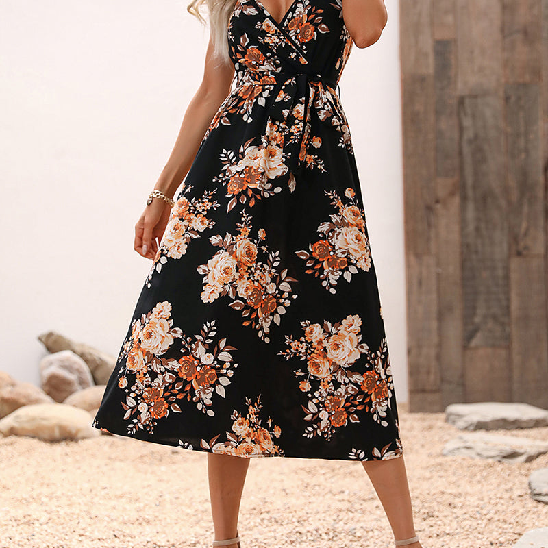 Floral Printed Shoulder Straps Midi Fit & Flare Midi Dress