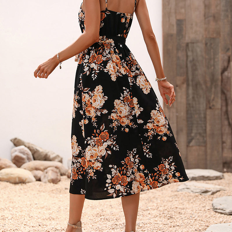 Floral Printed Shoulder Straps Midi Fit & Flare Midi Dress