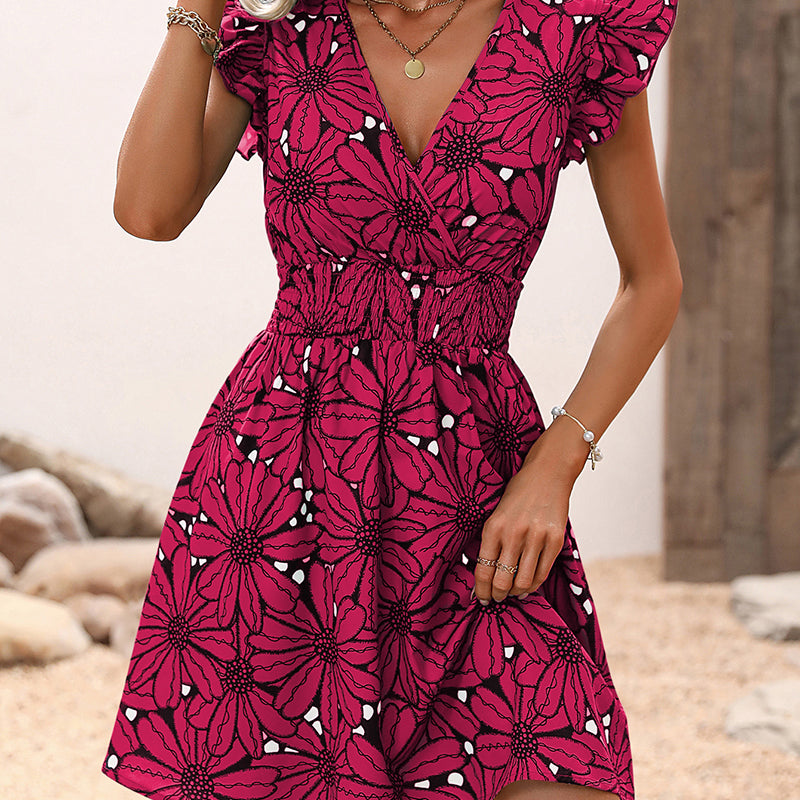 Pink Floral Printed V-Neck Flutter Sleeves Fit & Flare Dress