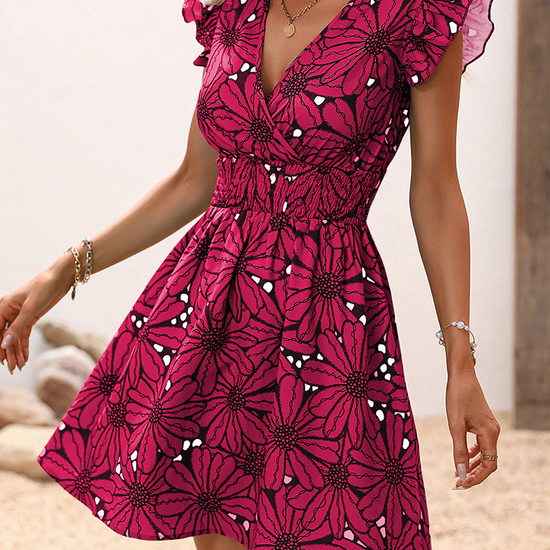 Pink Floral Printed V-Neck Flutter Sleeves Fit & Flare Dress