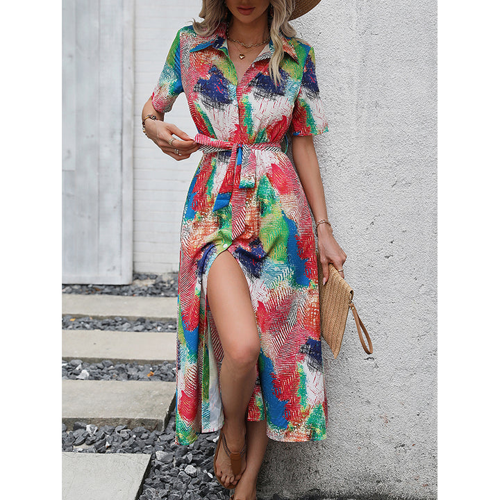 White & Blue Abstract Printed Shirt Collar Tie Up Shirt Dress