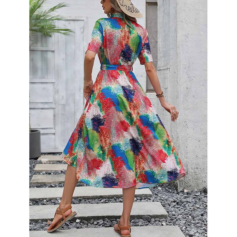 White & Blue Abstract Printed Shirt Collar Tie Up Shirt Dress