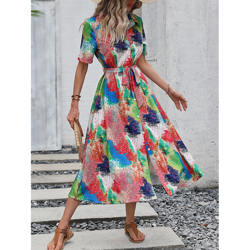 White & Blue Abstract Printed Shirt Collar Tie Up Shirt Dress