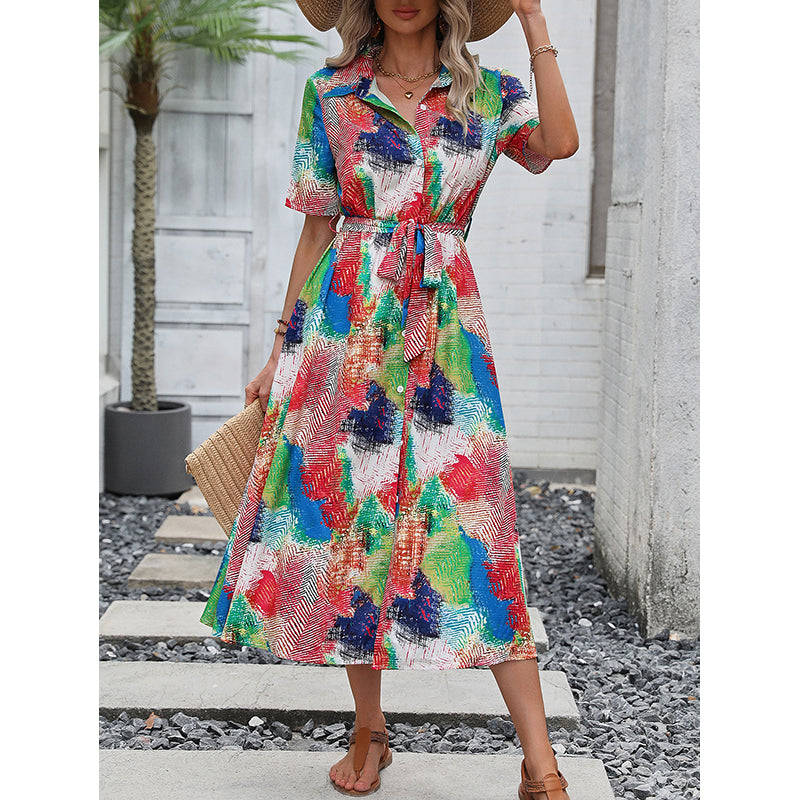 White & Blue Abstract Printed Shirt Collar Tie Up Shirt Dress