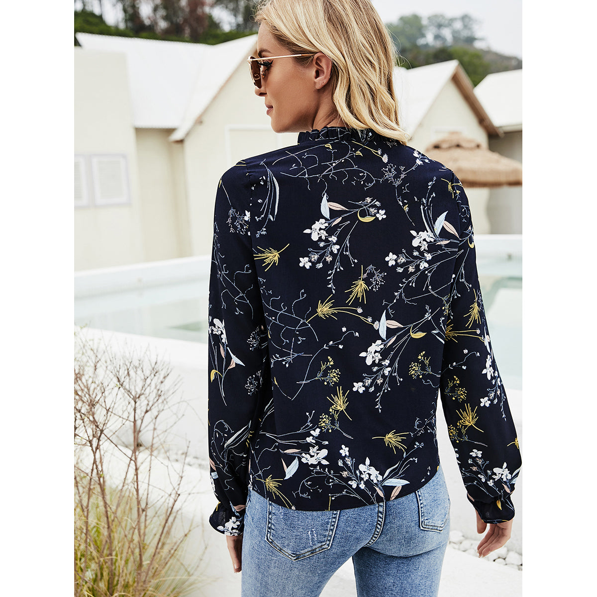 Black Floral Printed Tie-Up Neck Top