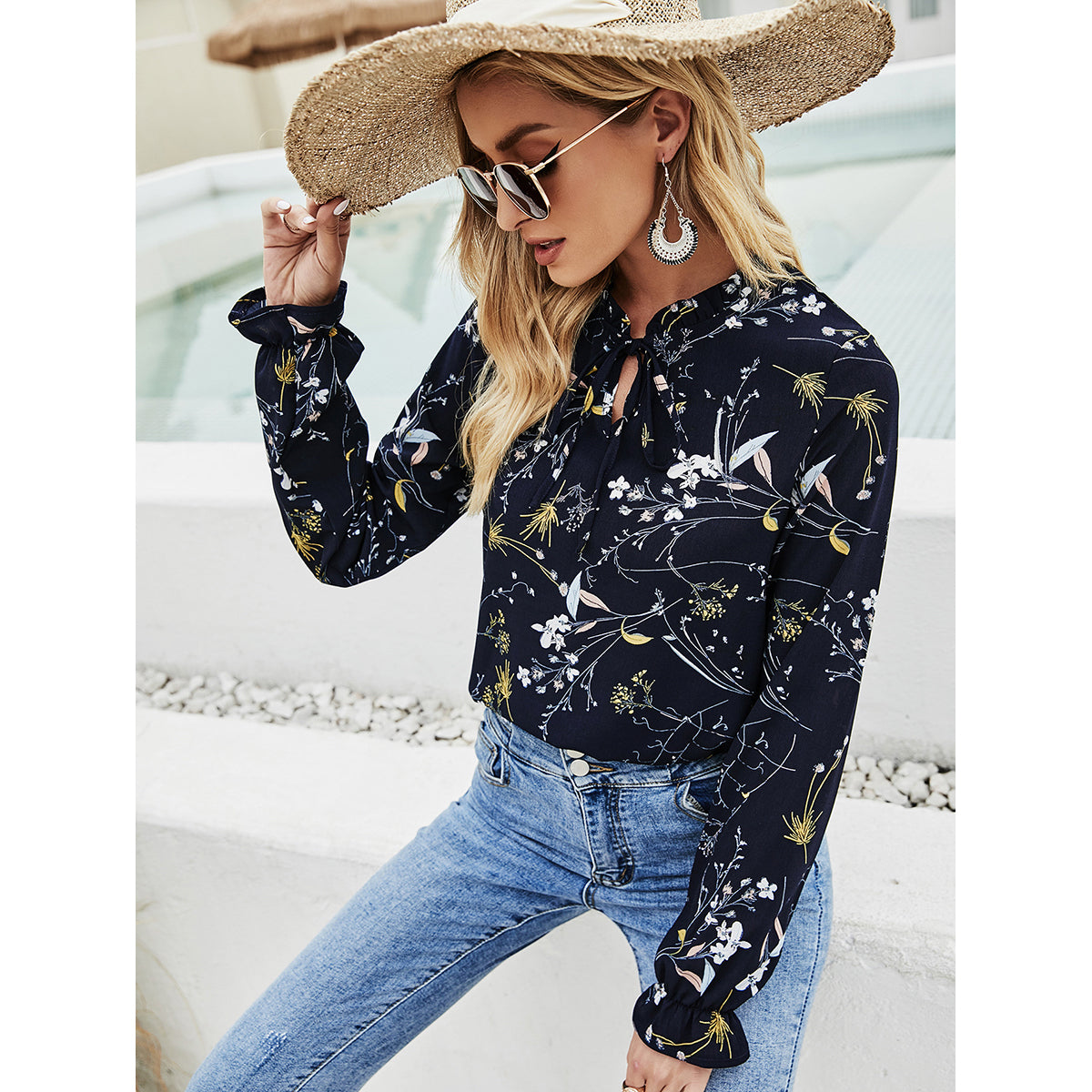 Black Floral Printed Tie-Up Neck Top