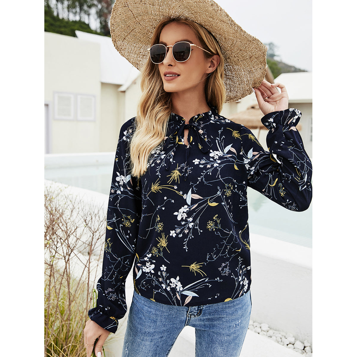 Black Floral Printed Tie-Up Neck Top