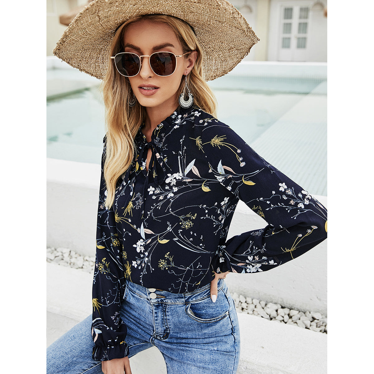 Black Floral Printed Tie-Up Neck Top