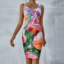 Purple & Pink Floral Printed Sleeveless Sheath Dress