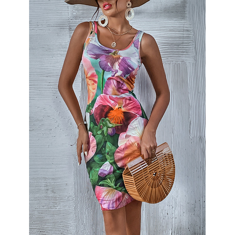 Purple & Pink Floral Printed Sleeveless Sheath Dress