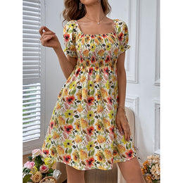 Yellow Floral Print Puff Sleeve Smocked Fit & Flare Dress