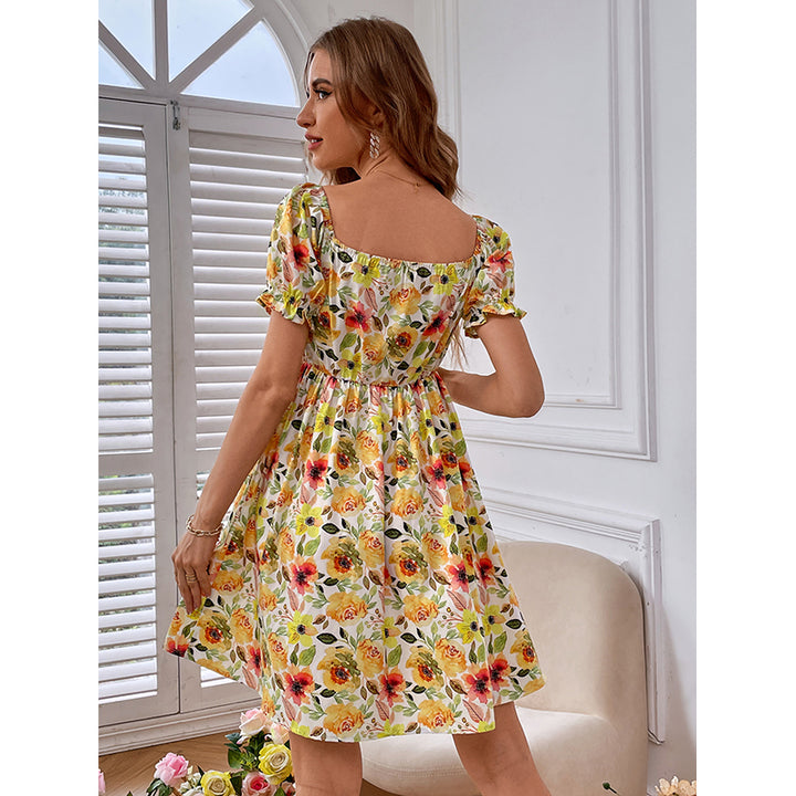 Yellow Floral Print Puff Sleeve Smocked Fit & Flare Dress