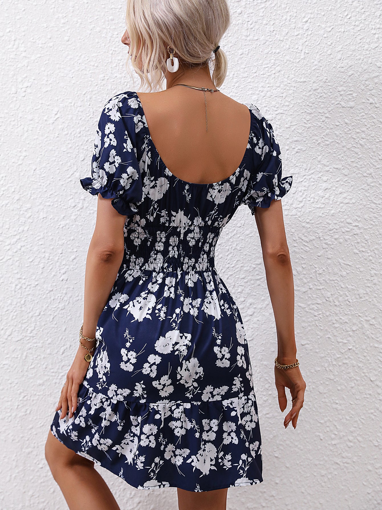 Square Neck Floral Printed Smocked A-Line Mini Dress