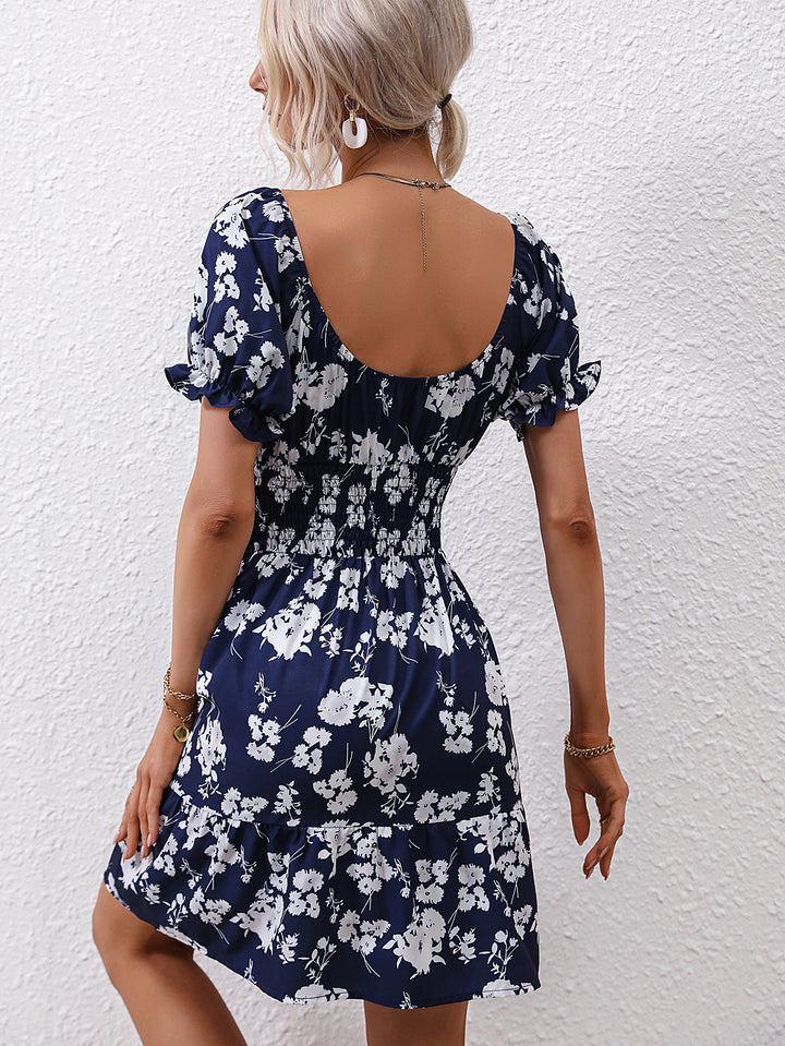 Square Neck Floral Printed Smocked A-Line Mini Dress