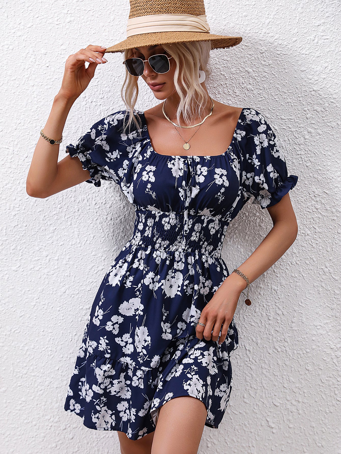 Square Neck Floral Printed Smocked A-Line Mini Dress