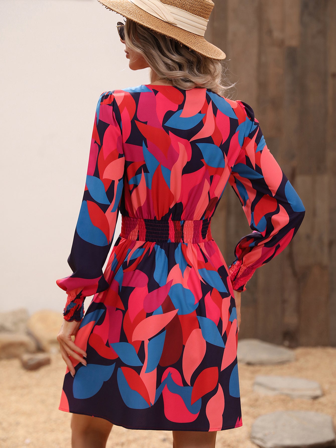 V-Neck Geometric Printed Smocked A-Line Mini Dress