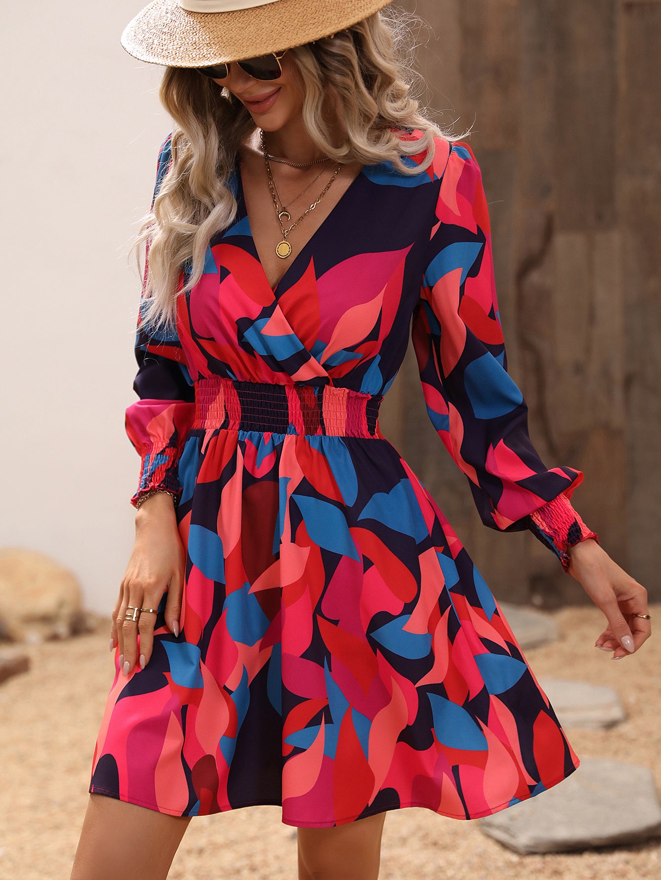 V-Neck Geometric Printed Smocked A-Line Mini Dress