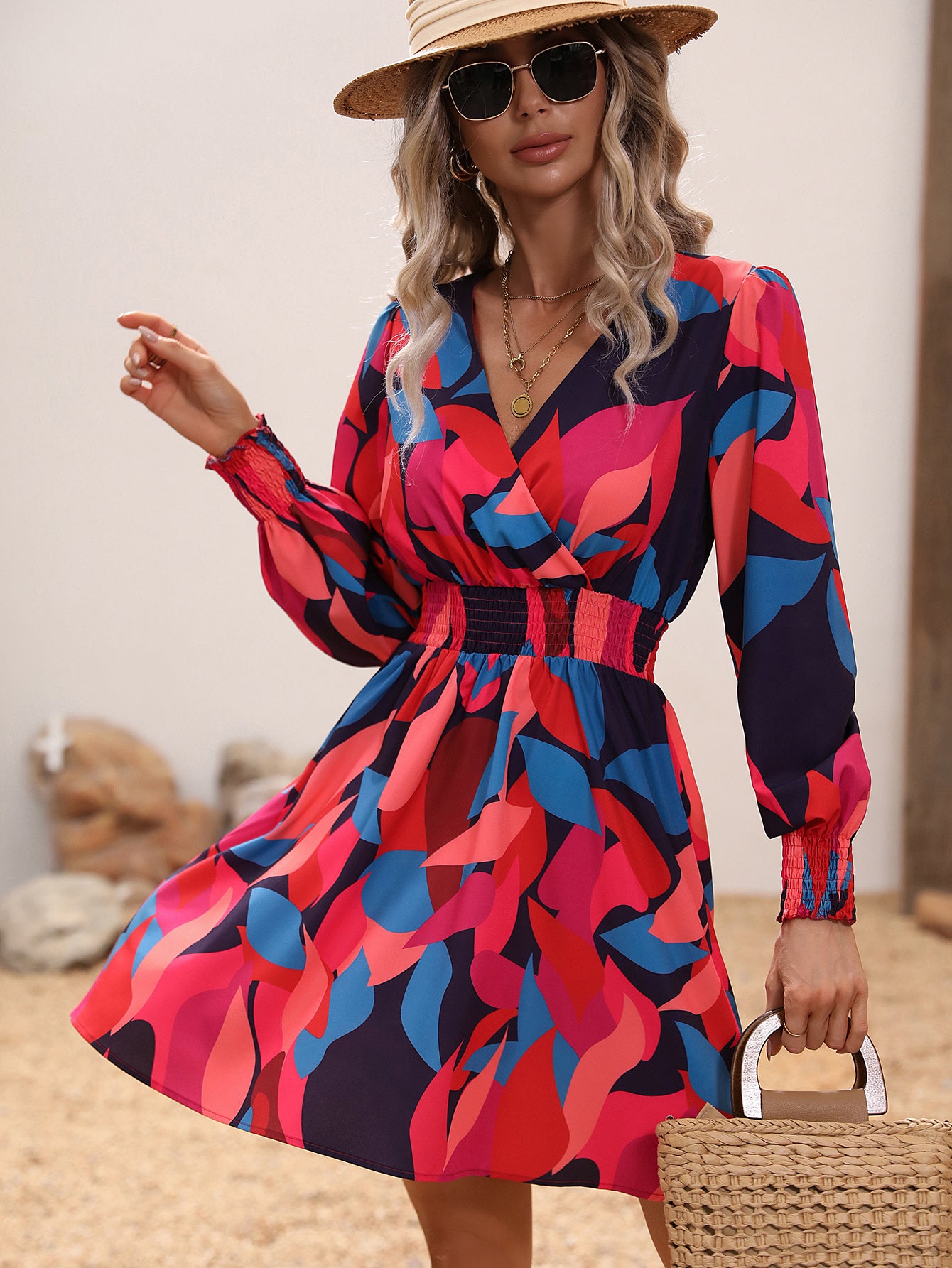 V-Neck Geometric Printed Smocked A-Line Mini Dress