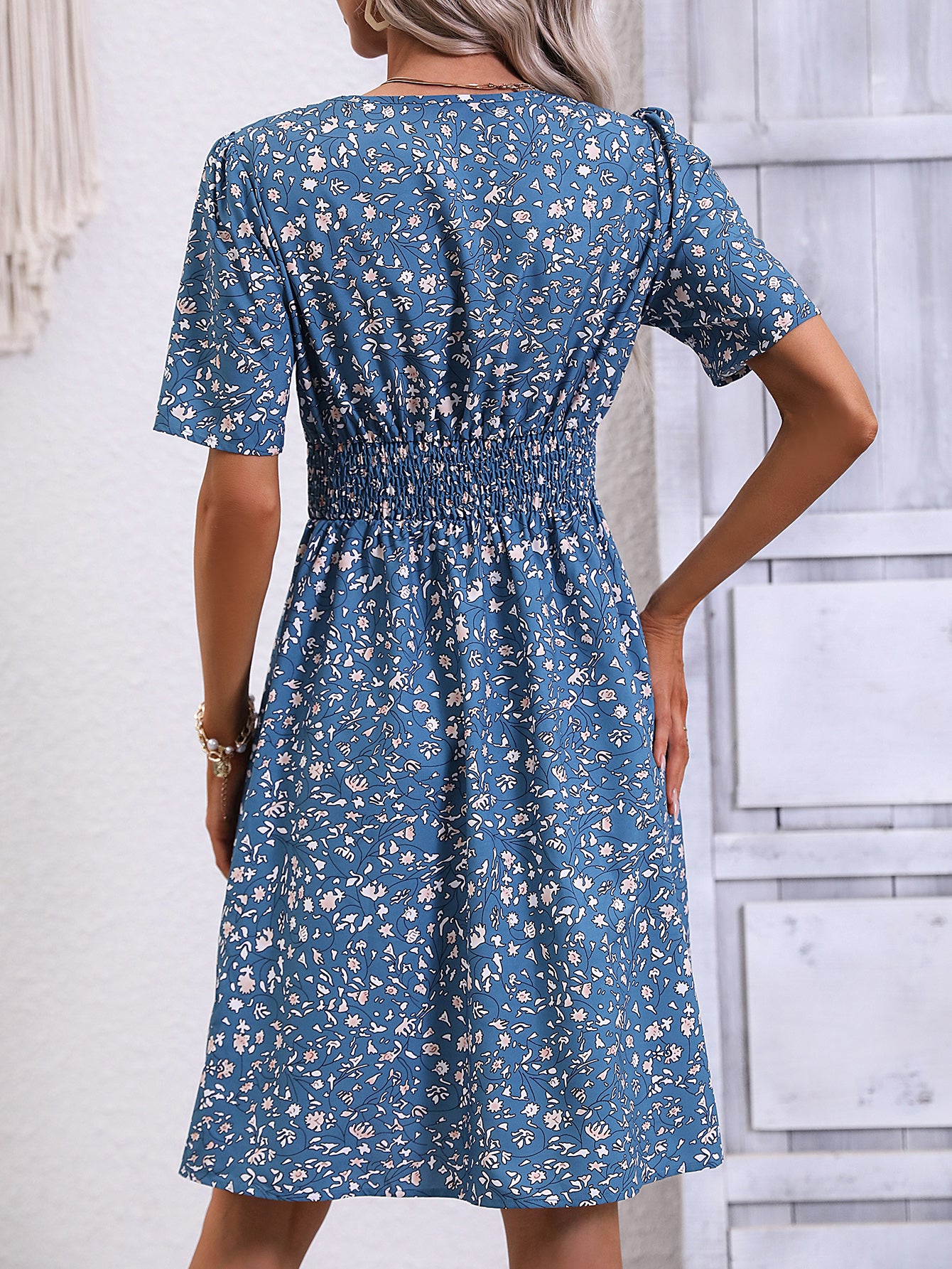 Floral Printed V-Neck A-Line Dress