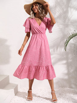 Pink V-Neck Floral Print A-Line Midi Dress