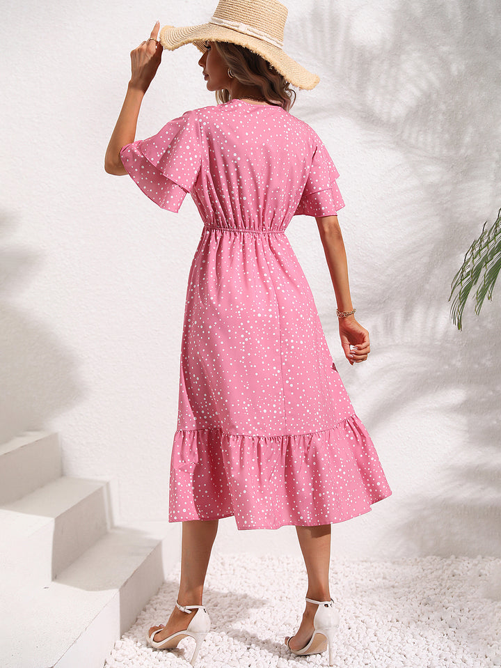 Pink V-Neck Floral Print A-Line Midi Dress