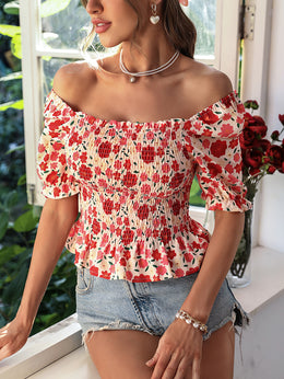 Cream-Coloured & Red Floral Printed Puff Sleeves Smocked Top