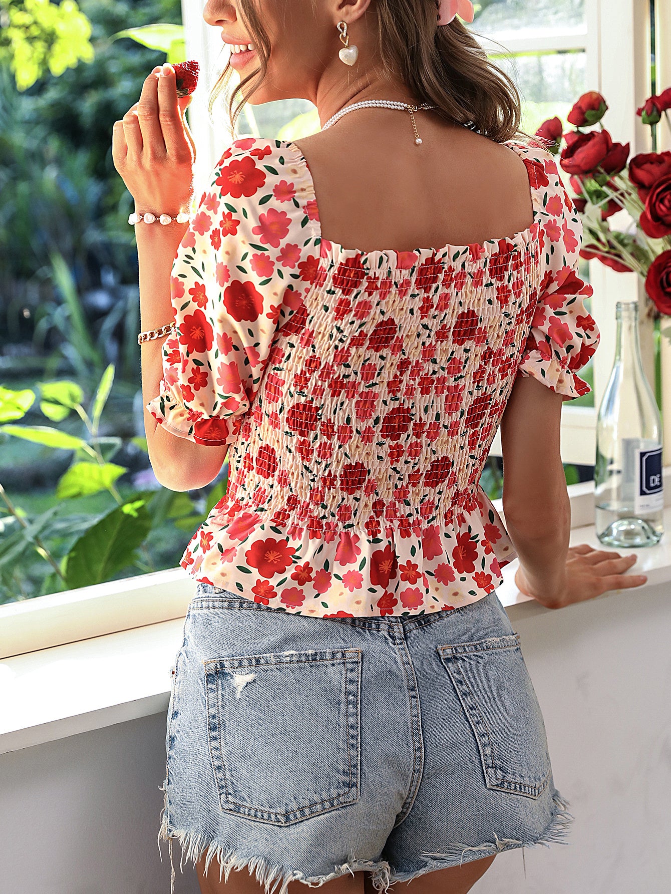Cream-Coloured & Red Floral Printed Puff Sleeves Smocked Top