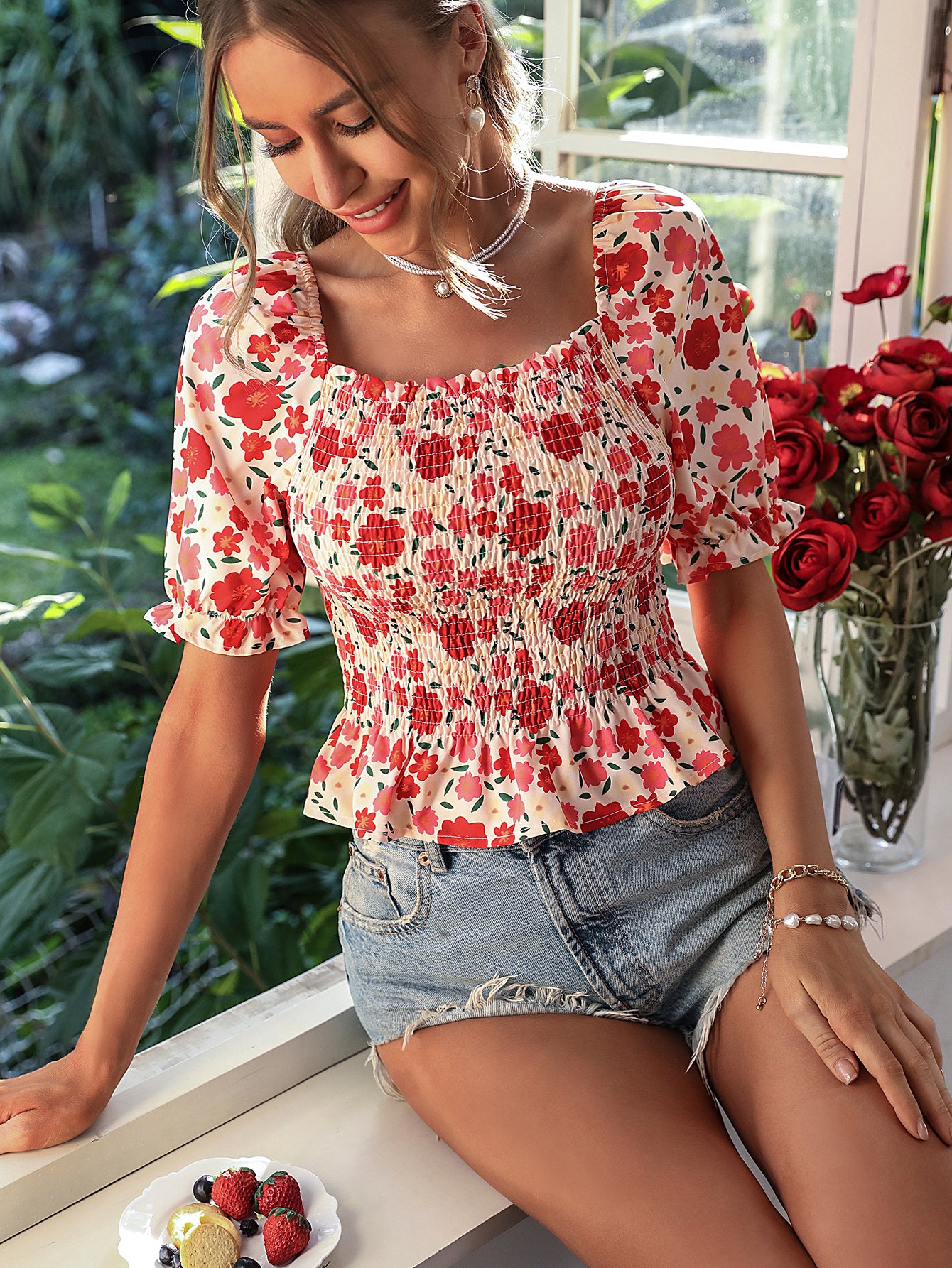 Cream-Coloured & Red Floral Printed Puff Sleeves Smocked Top