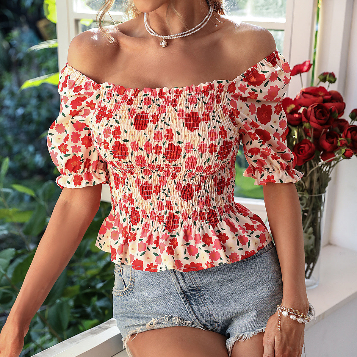 Cream-Coloured & Red Floral Printed Puff Sleeves Smocked Top