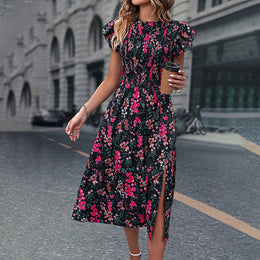 Black & Pink Floral Printed Flutter Sleeves Midi Fit & Flare Dress