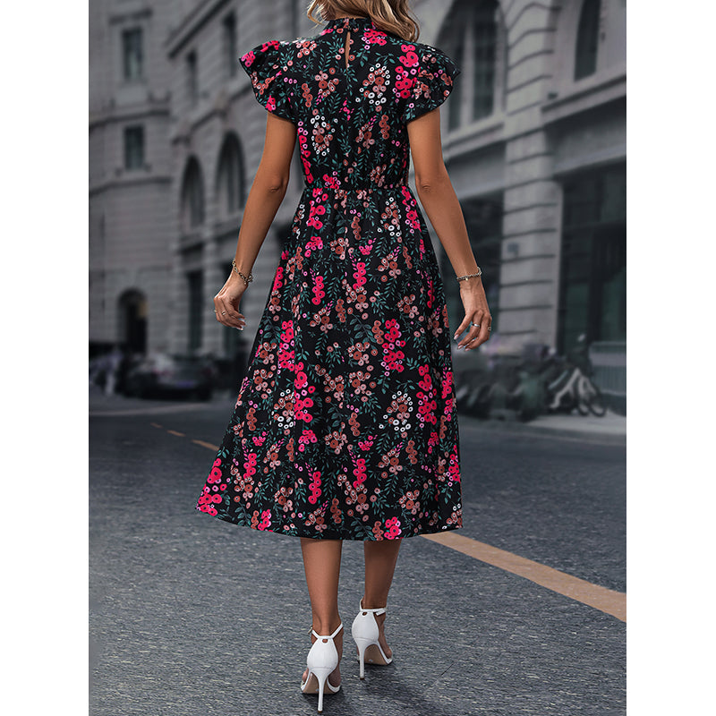 Black & Pink Floral Printed Flutter Sleeves Midi Fit & Flare Dress