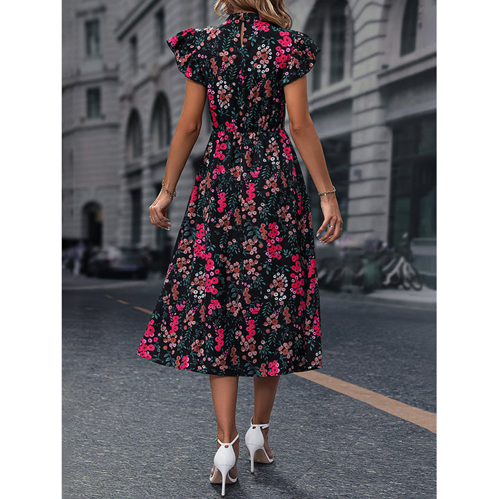 Black & Pink Floral Printed Flutter Sleeves Midi Fit & Flare Dress
