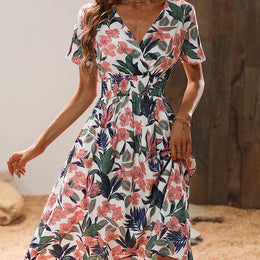 Floral Printed V-Neck Smocked Fit & Flare Dress