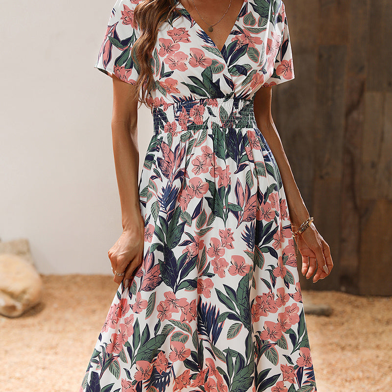 Floral Printed V-Neck Smocked Fit & Flare Dress