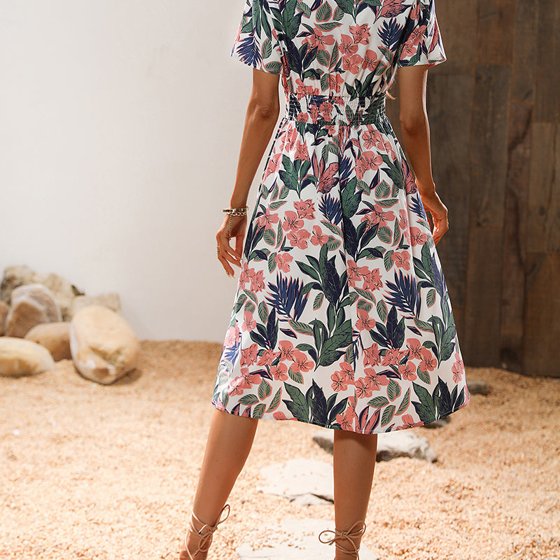 Floral Printed V-Neck Smocked Fit & Flare Dress