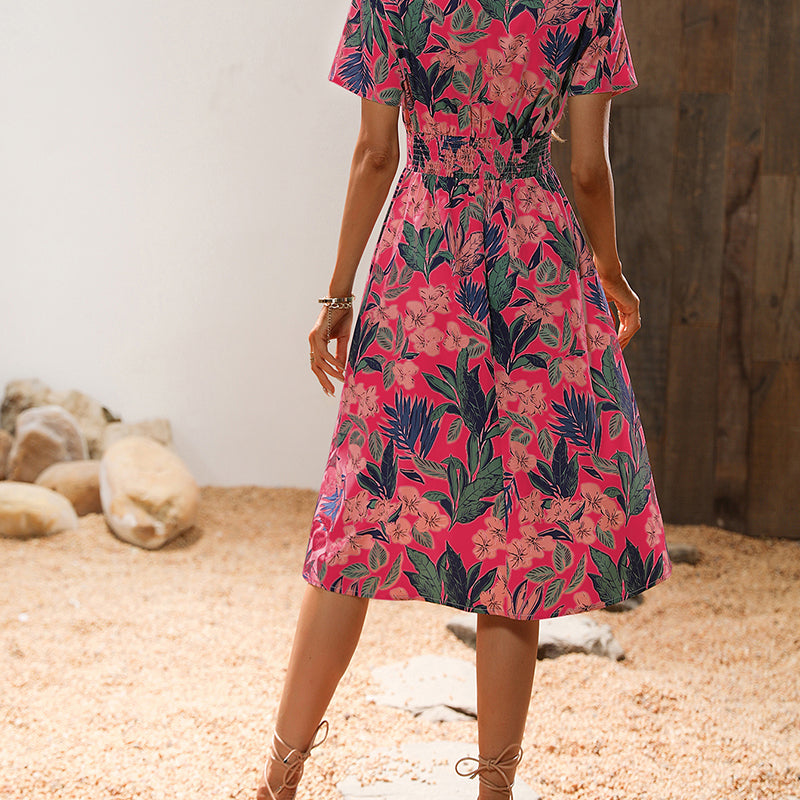 Pink Floral Printed V-Neck Fit & Flare Dress