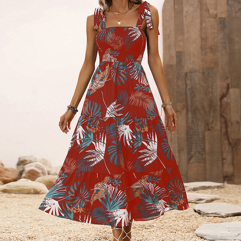 Maroon Floral Printed Shoulder Straps Fit & Flare Dress