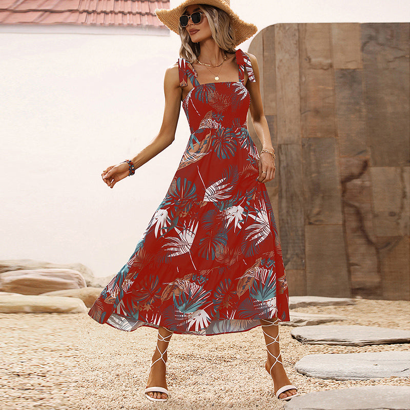 Maroon Floral Printed Shoulder Straps Fit & Flare Dress
