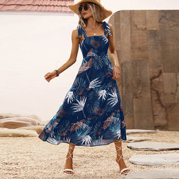 Blue & White Tropical Floral Midi Dress