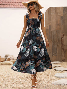 Black Floral Print Shoulder Strap Smocked Fit & Flare Midi Dress