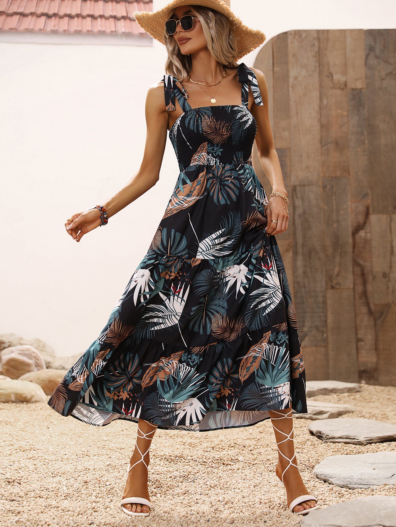 Black Floral Print Shoulder Strap Smocked Fit & Flare Midi Dress
