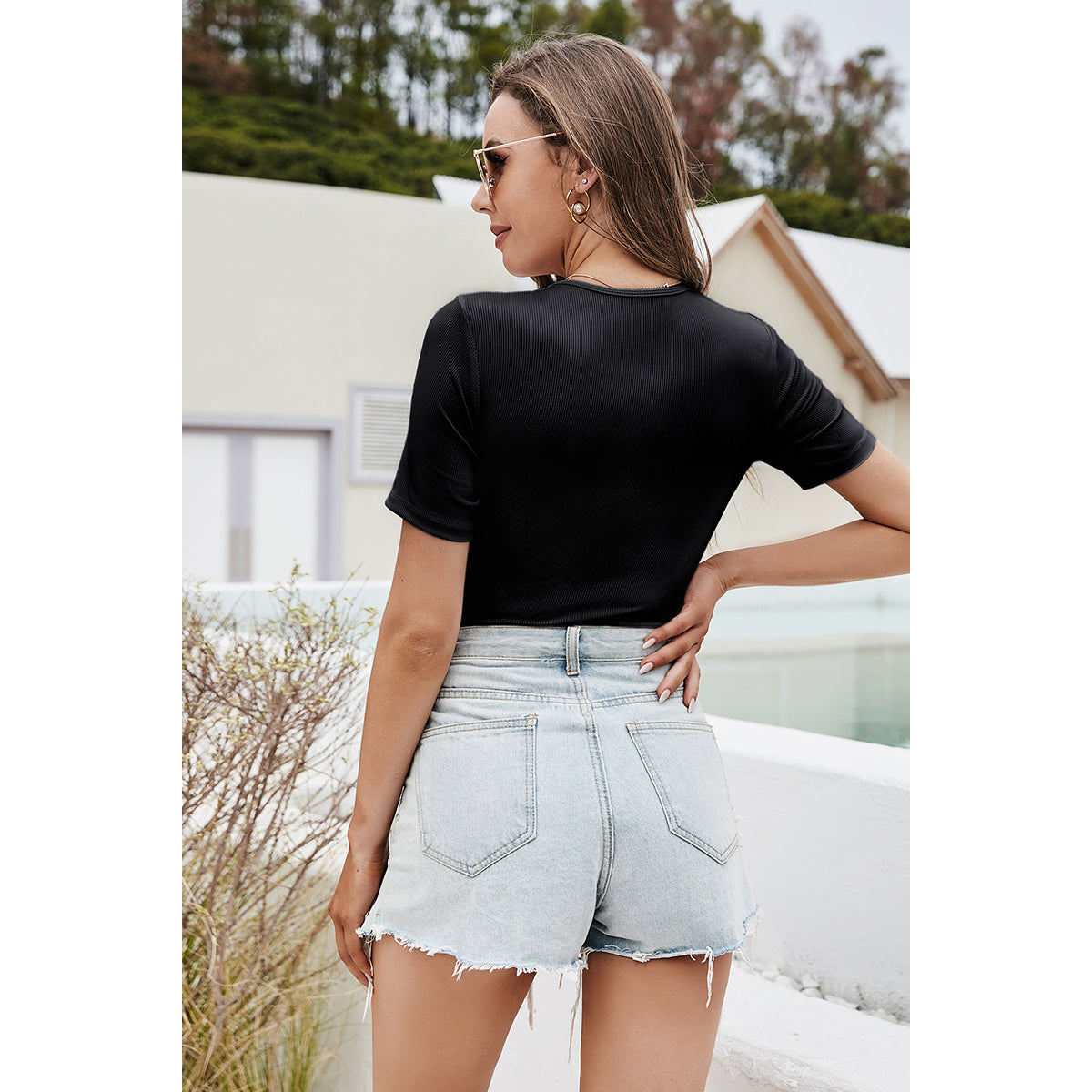 Black Ruched Bodysuit Top