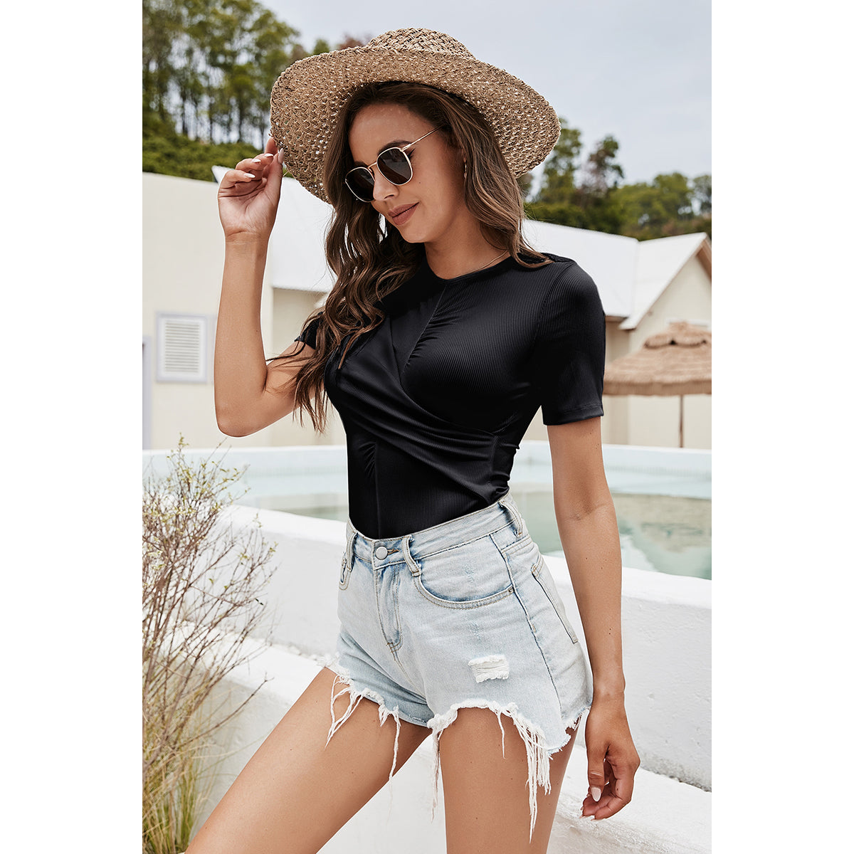 Black Ruched Bodysuit Top