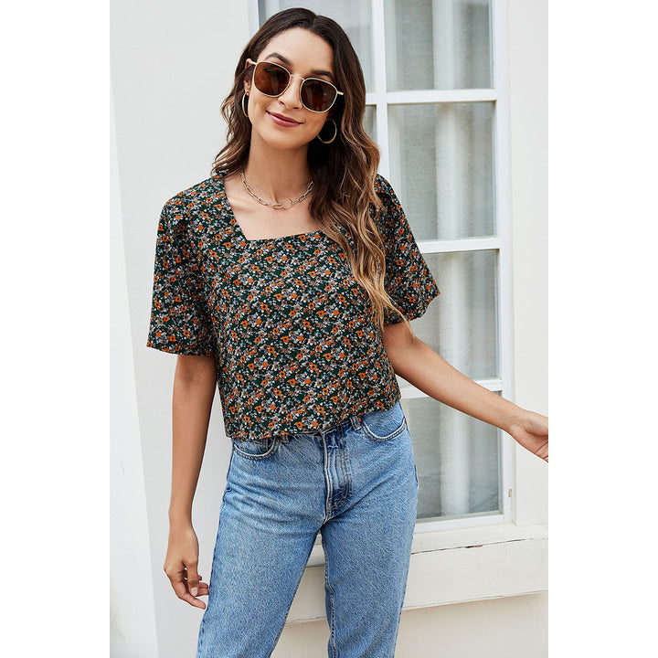 Green & Orange Floral Print Boxy Top