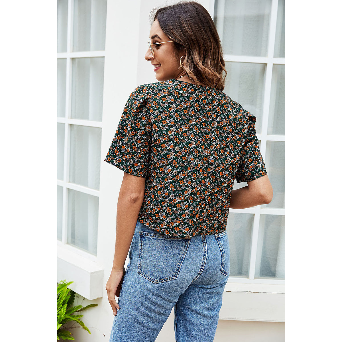 Green & Orange Floral Print Boxy Top