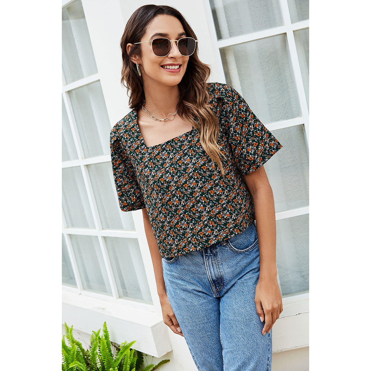 Green & Orange Floral Print Boxy Top