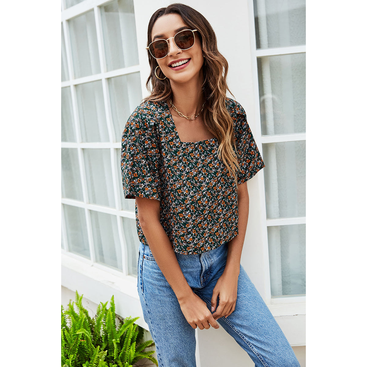 Green & Orange Floral Print Boxy Top