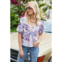 Purple Sweetheart Neck Floral Printed Puff Sleeve Top