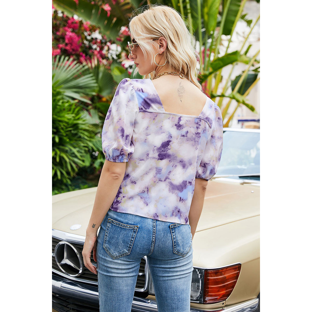 Purple Sweetheart Neck Floral Printed Puff Sleeve Top