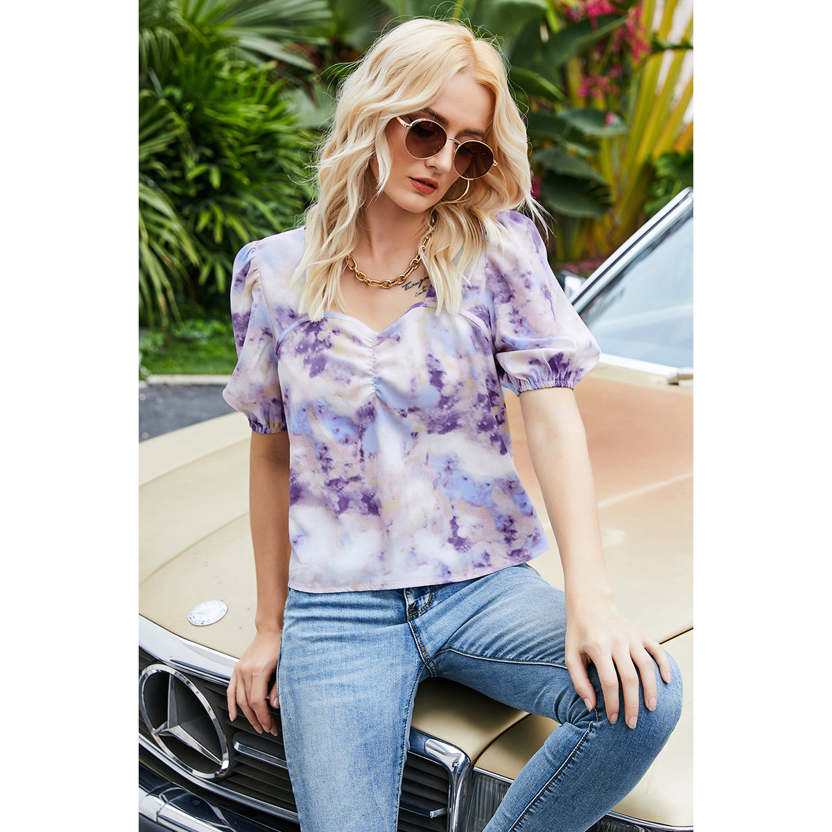 Purple Sweetheart Neck Floral Printed Puff Sleeve Top
